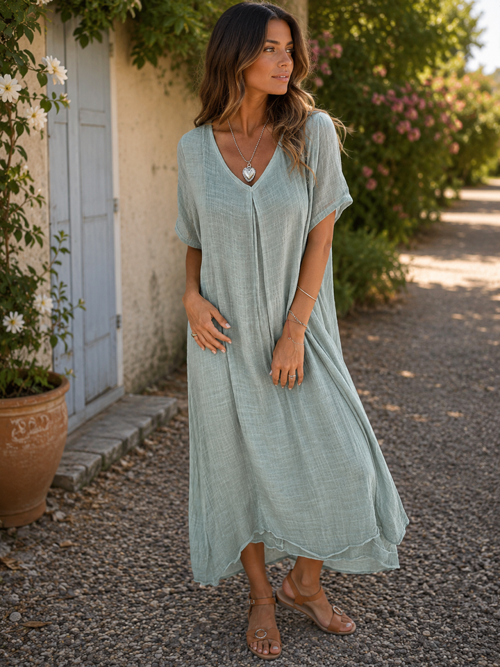 Sharmaine — Abito in Cotone-Lino con Scollatura a V e Vestibilità Larga