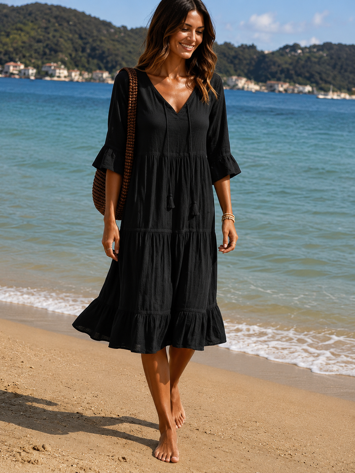 Averly — Abito in Cotone con Vita a Nastro e Maniche Corte