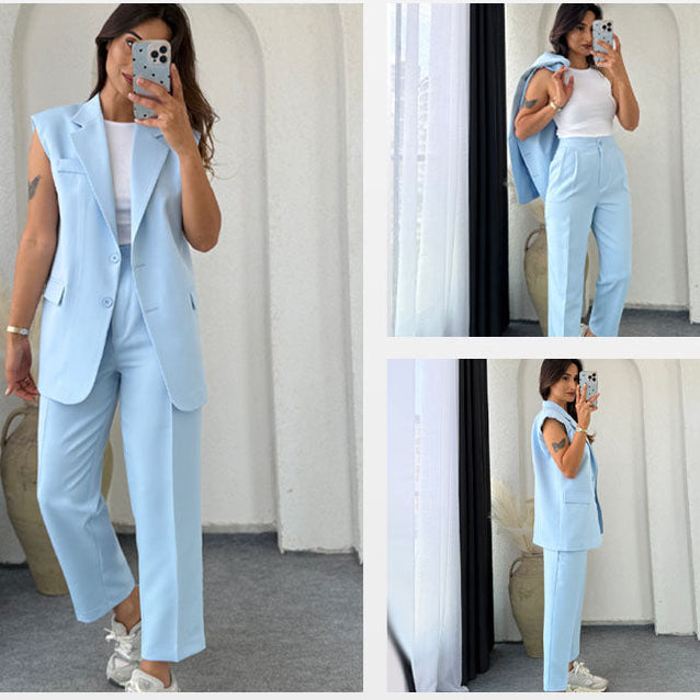 Vesture — Blazer Senza Maniche e Set di Pantaloni a Vita Alta
