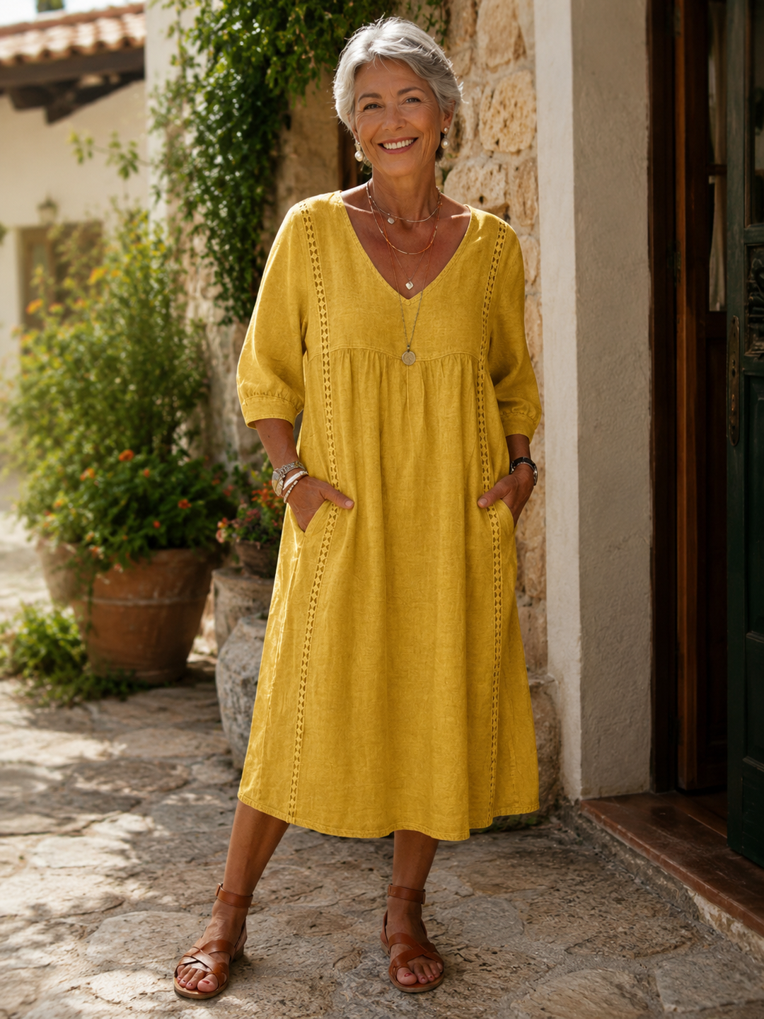 Rossana — Abito in Lino e Cotone con Pizzo