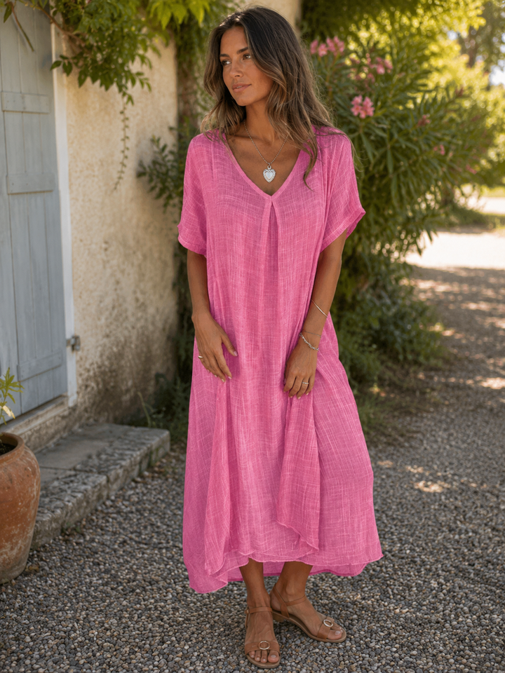 Sharmaine — Abito in Cotone-Lino con Scollatura a V e Vestibilità Larga