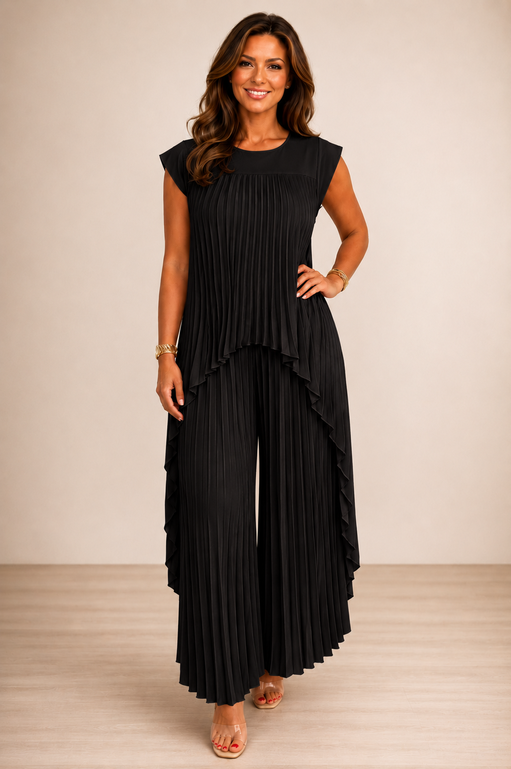 Lène — Set Top Plissettato e Pantaloni a Gamba Larga