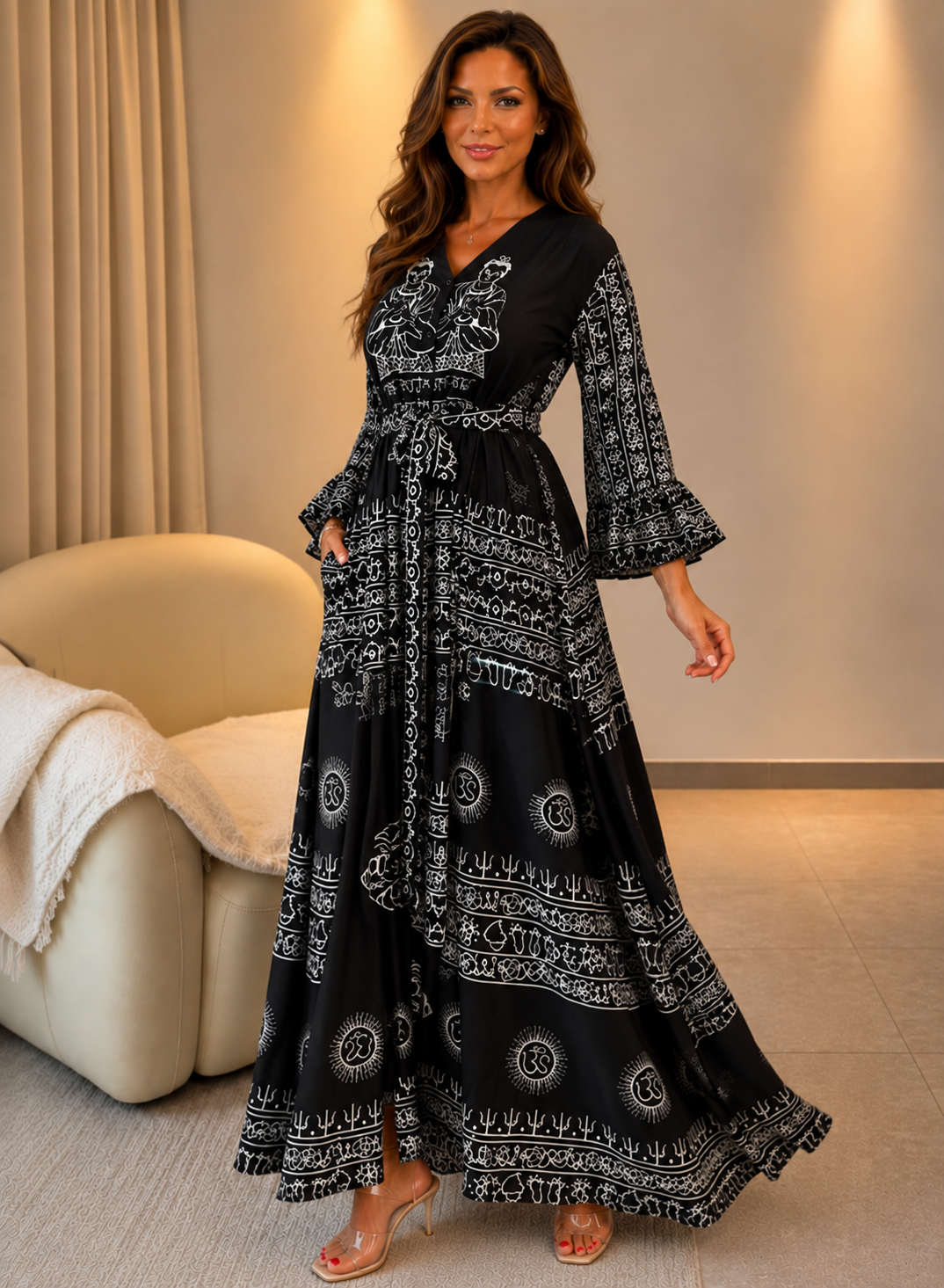 Miche — Abito Maxi in Lino Stampato con Scollatura a V