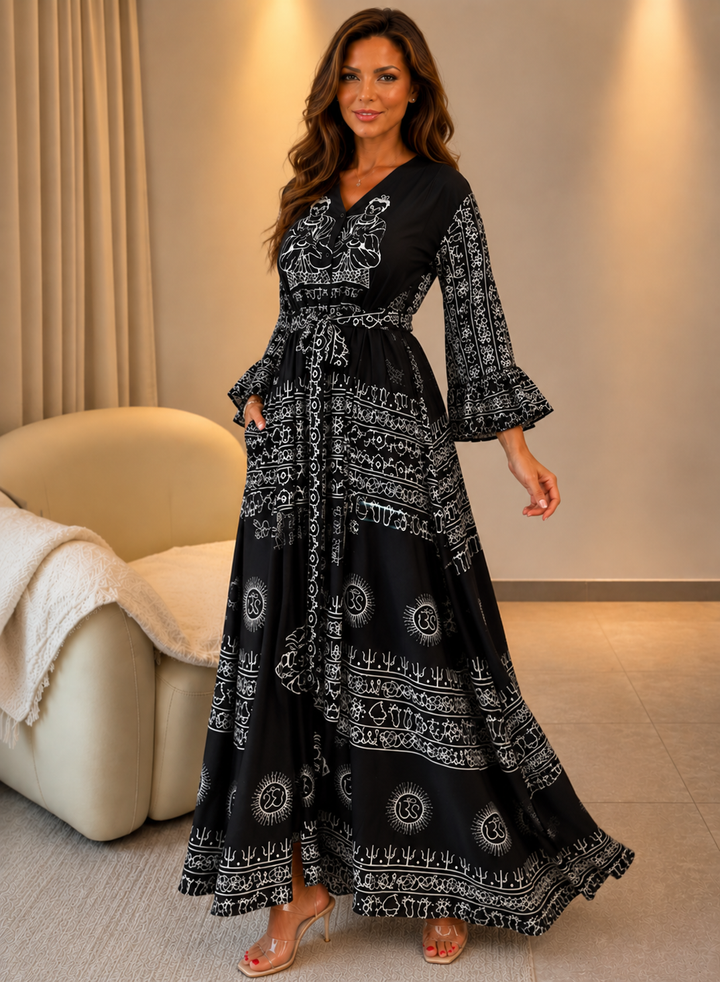 Miche — Abito Maxi in Lino Stampato con Scollatura a V