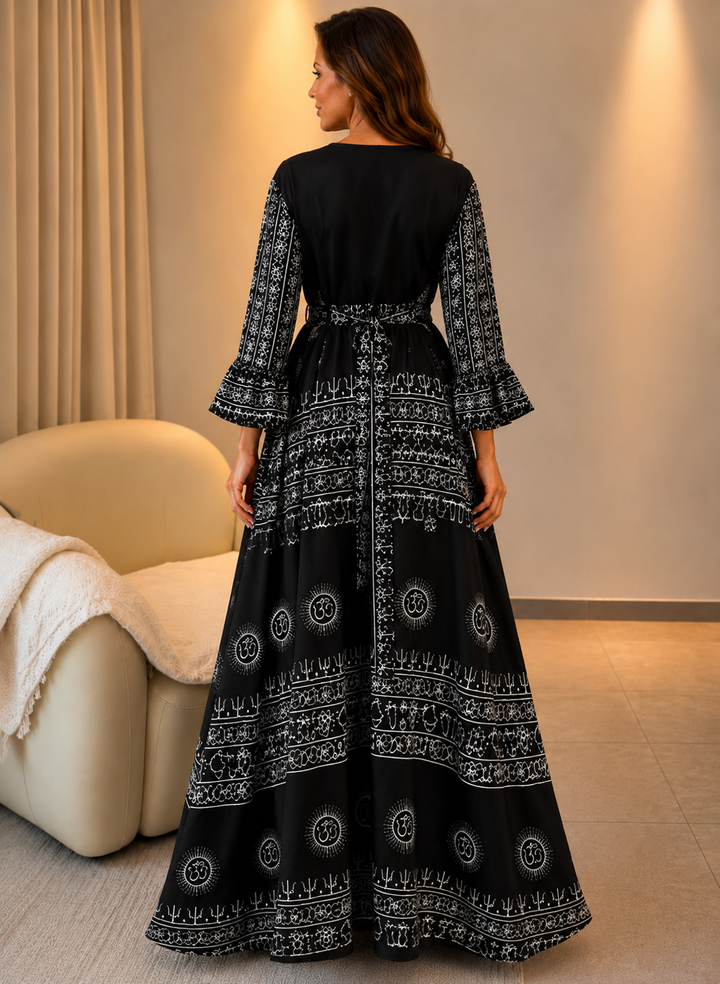 Miche — Abito Maxi in Lino Stampato con Scollatura a V