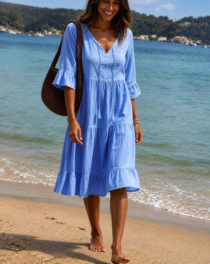 Averly — Abito in Cotone con Vita a Nastro e Maniche Corte