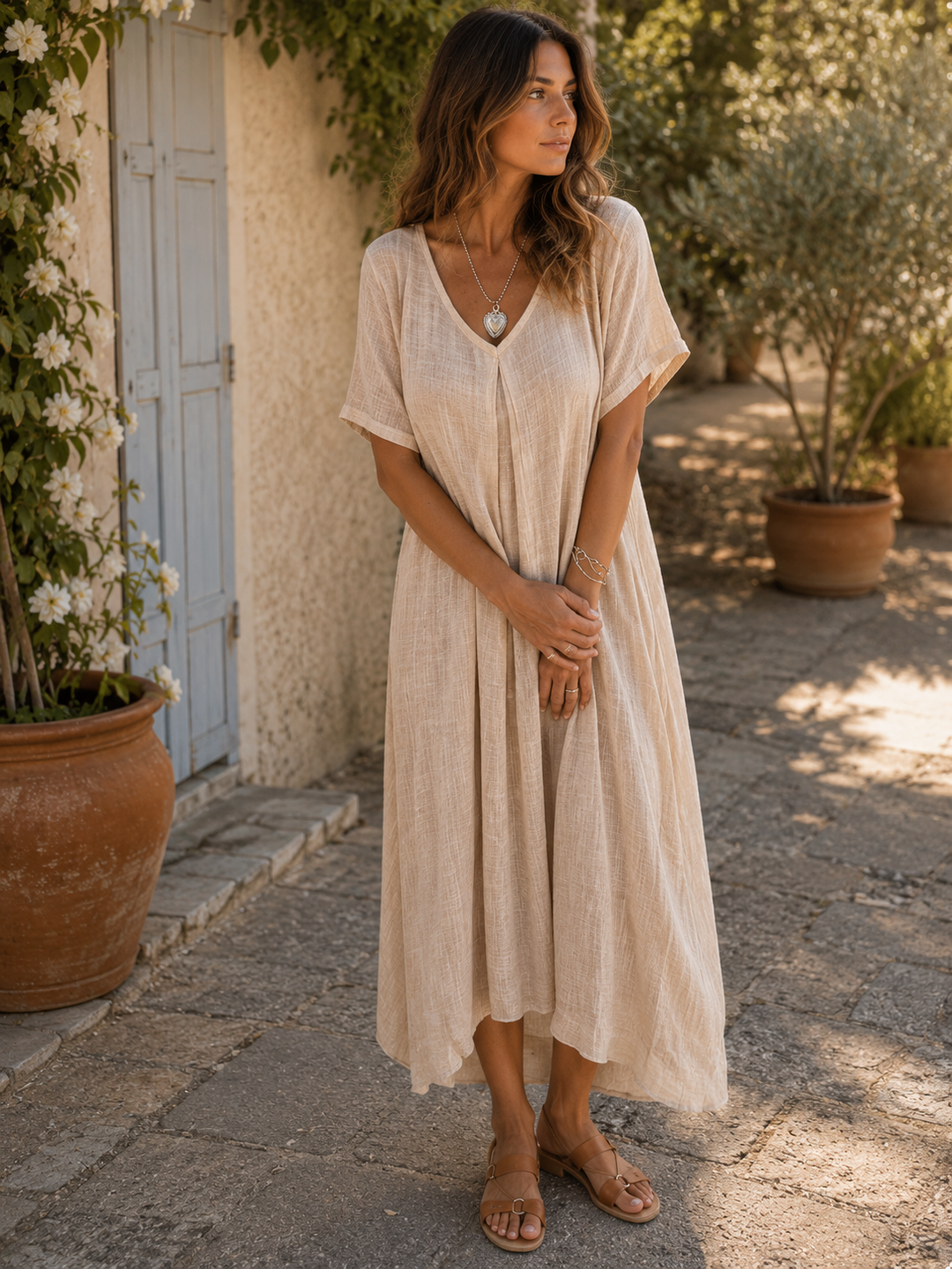 Sharmaine — Abito in Cotone-Lino con Scollatura a V e Vestibilità Larga