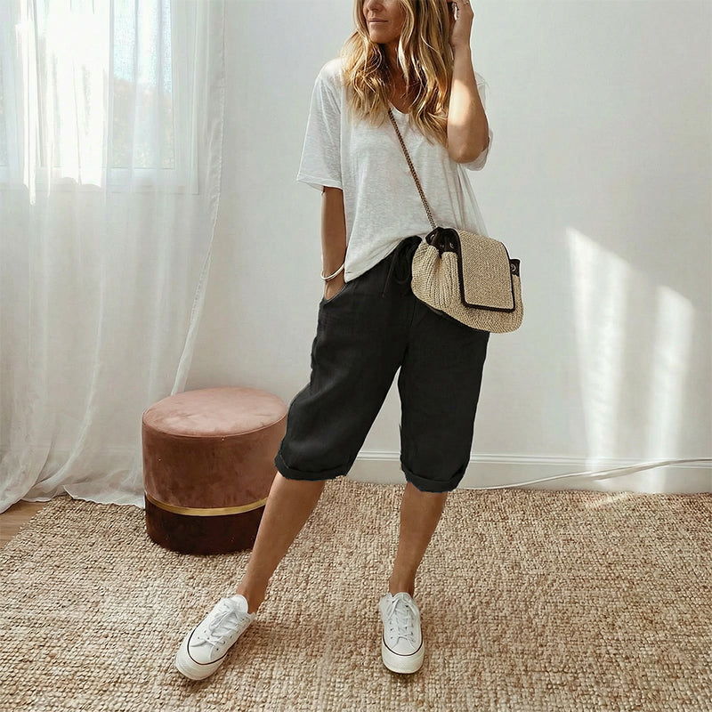 Linelle — Pantaloni Capri Corti in Cotone e Lino