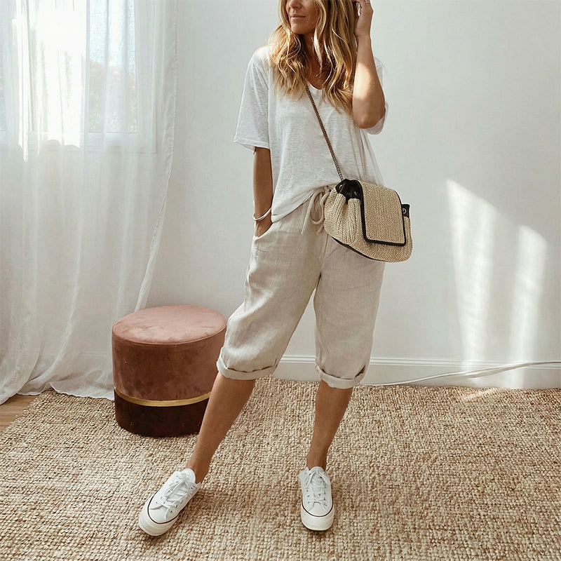Linelle — Pantaloni Capri Corti in Cotone e Lino